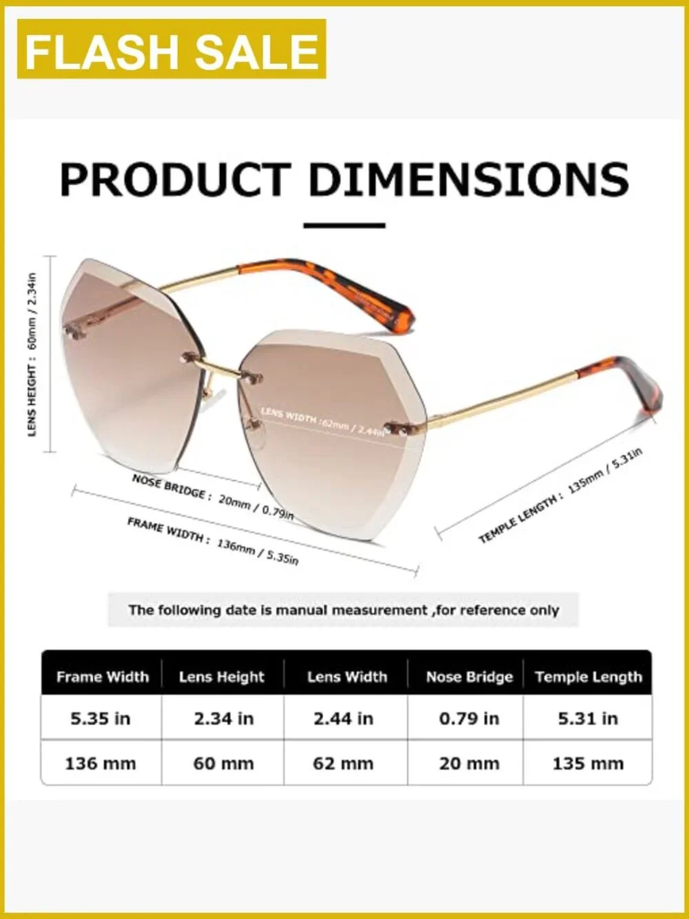 Oversized Rimless Sunglasses Diamond Cut UV400 Gradient Lens Metal Frame